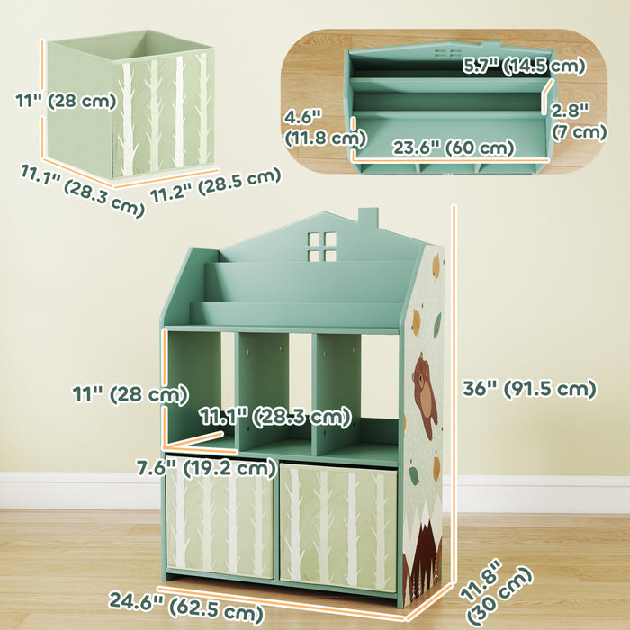Meuble de rangement pour jouets Qaba avec presentoir a livres, etageres, tiroirs en tissu, vert