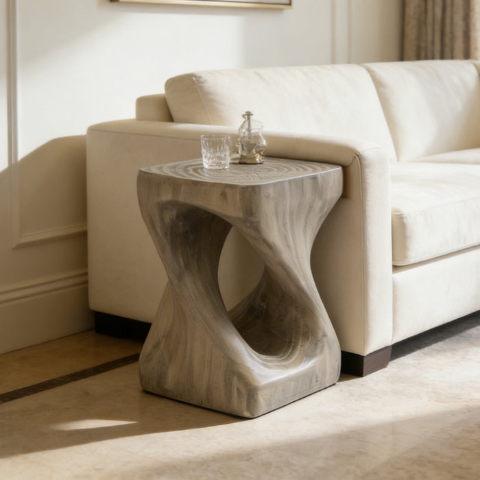 Table d'appoint moderne sablier torsade Miro 16 pouces MGO, table laterale interieure imitation bois, gris