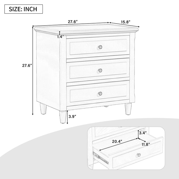 U_Style Table de Nuit Peinte 28 po avec 3 Tiroirs a Glissiere Douce et Pieds en Bois de Caoutchouc, Blanc
