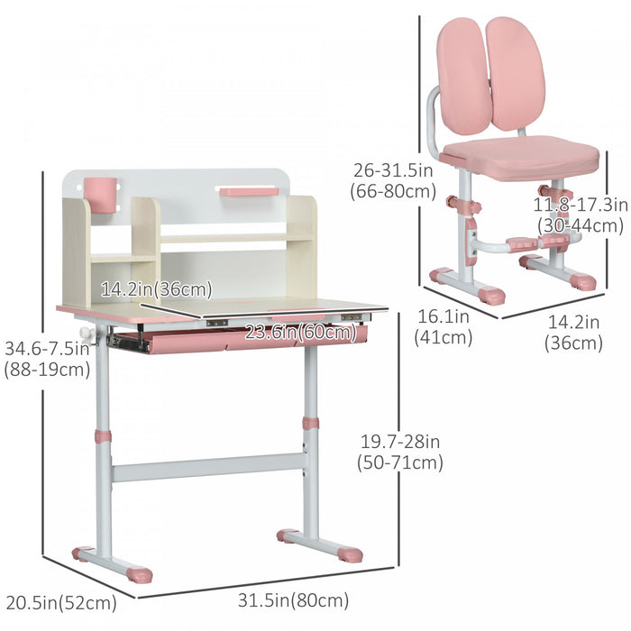 Qaba Ensemble Bureau Et Chaise Pour Enfants, Bureau Et Chaise D'etudiant Reglables En Hauteur Avec Dossier De Siege Adaptatif, Repose-pieds, Etagere, Tiroir, Porte-stylo, Rose
