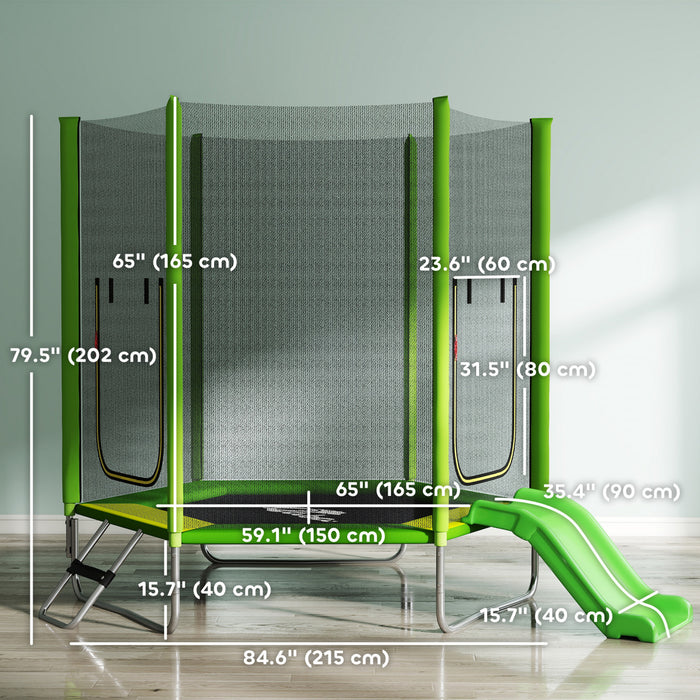 Qaba Trampoline 85\" pour Enfants, Trampoline d'Interieur et Exterieur avec Toboggan, Echelle et Filet de Securite, pour Sauter, Glisser et Jouer, Garcons et Filles 3+, Vert