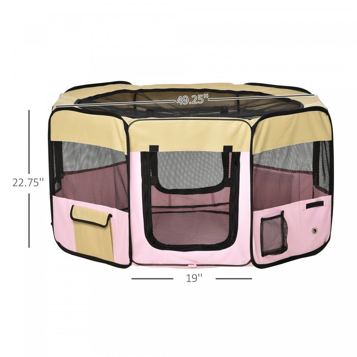 Pawhut 49,2 Pouces Grand Parc D'exercice Pour Chiots Pour Animaux De Compagnie Portable Chien Chat Enclos Pour Animaux De Compagnie Cage Tente Chenil Caisse Rose Sac De Transport Inclus
