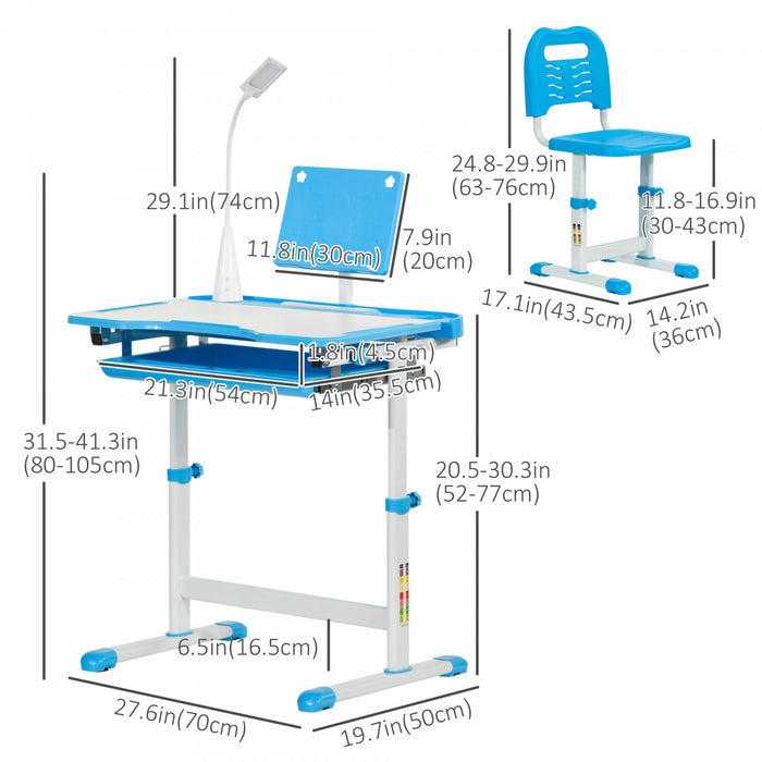 Qaba Ensemble De Bureau Et Chaise Pour Enfants Avec Bureau Inclinable, Lampe A Led, Boite A Stylos, Tiroir, Tableau De Lecture, Porte-gobelet, Fentes Pour Stylos, Bleu