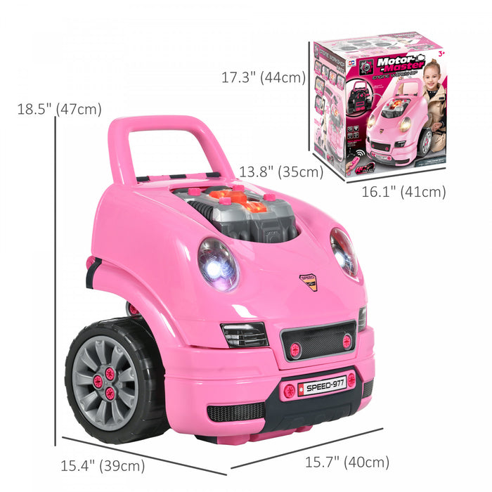 Qaba Ensemble De Jouets De Moteur De Camion Pour Enfants, Mecanicien, Atelier De Jeu De Demontage De Moteur, Comprend 61 Pieces, Volant, Klaxon, Lumiere Pour 3 A 5 Ans, Rose