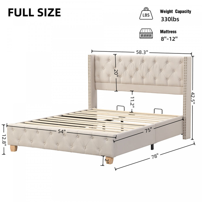 Lit plateforme en lin Haley avec tete de lit a ailes classiques et capitonnage en diamant, taille Full, beige