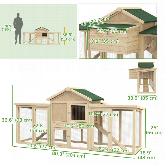 Pawhut 80\" Deluxe Poulailler En Bois Poulailler Lapin Clapier Grande Cage A Volaille Exterieure Cour Avec Nichoirs Aire De Jeux