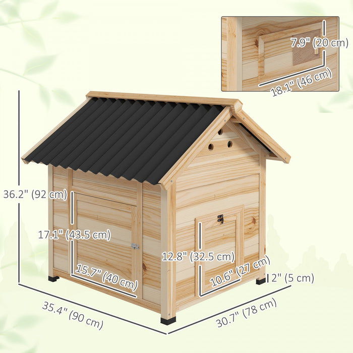 Poulailler d'exterieur PawHut, en bois naturel, avec toit ouvrant, double porte et base amovible. Convient pour 1 a 3 races de canards, utilisable a l'interieur comme a l'exterieur. Longueur : 79 cm.