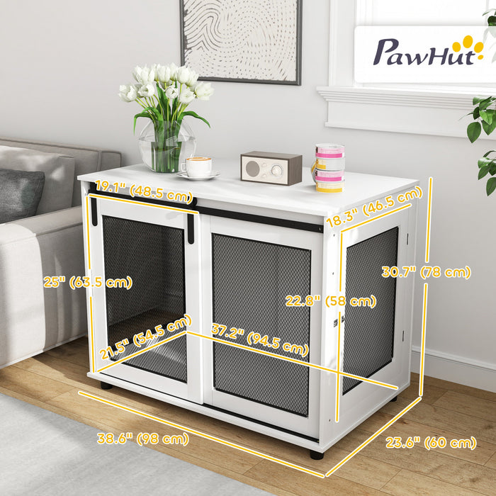 Pawhut Meuble Pour Cage De Chien, 39\" Table D'extremite De Niche Pour Chien Avec Porte Coulissante, Cage De Style Meuble Pour Grands Chiens, Blanc