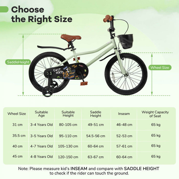 Costway 18\" Velo Pour Enfants Avec Roues D'entrainement Guidon Reglable Et Frein A Main Du Siege Vert