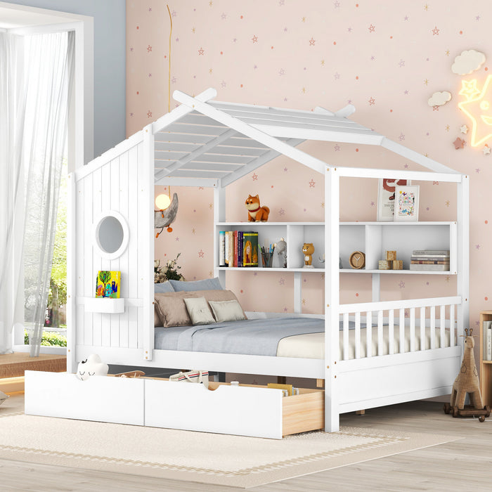 Lit Maison Jeames en Bois avec 2 Tiroirs de Rangement et Etagere, Taille Full - Blanc