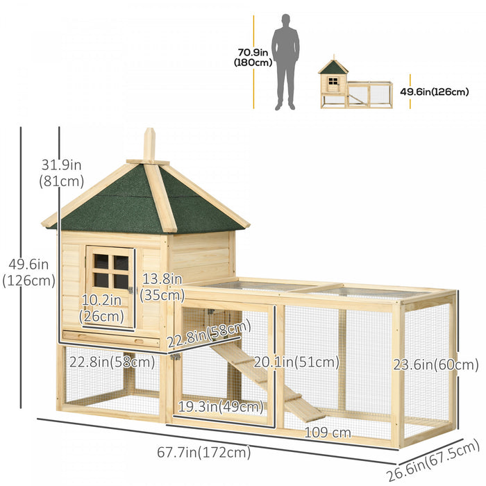 Pawhut Clapier En Bois Pour Lapin De 68\" Avec 3 Portes, Enclos Pour Lapin Avec Plateau Coulissant, Rampe, Pour Lapins Et Petits Animaux, Naturel