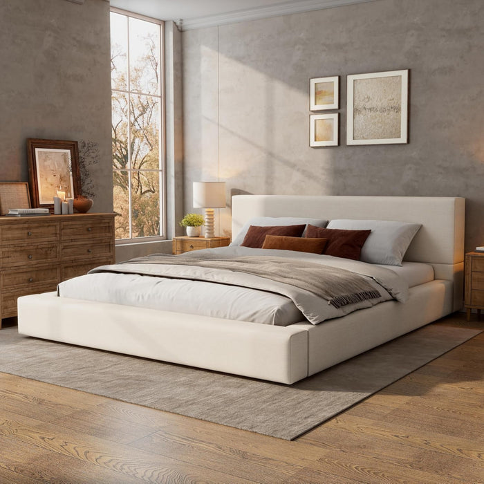 Lit plateforme rembourre Connor avec tete et pied de lit en lin, taille King, beige