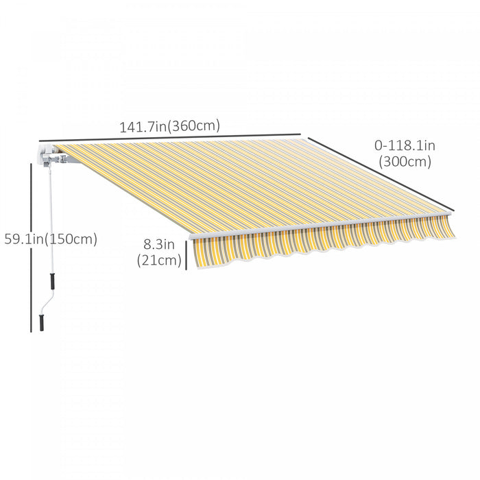 Outsunny 12' X 10' Store Banne Manuel Retractable Aluminium Polyester Impermeabilise Anti-uv Jaune Et Blanc
