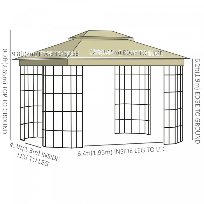 Outsunny 12' X 10' Tonnelle Pavillon Jardin Patio Terrasse Gazebo Auvent Abri D'exterieur Avec Double Toit Ventile, Moustiquaire Cadre En Metal Beige