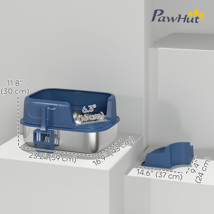 PawHut Stainless Steel Cat Litter Box with Scoop, Navy Blue