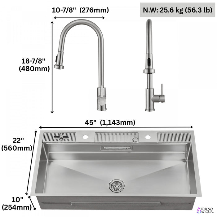 Evier poste de travail MultiSINK 45 po, double pose, 3 niveaux, robinets, rince-verre, inox - J-WP30