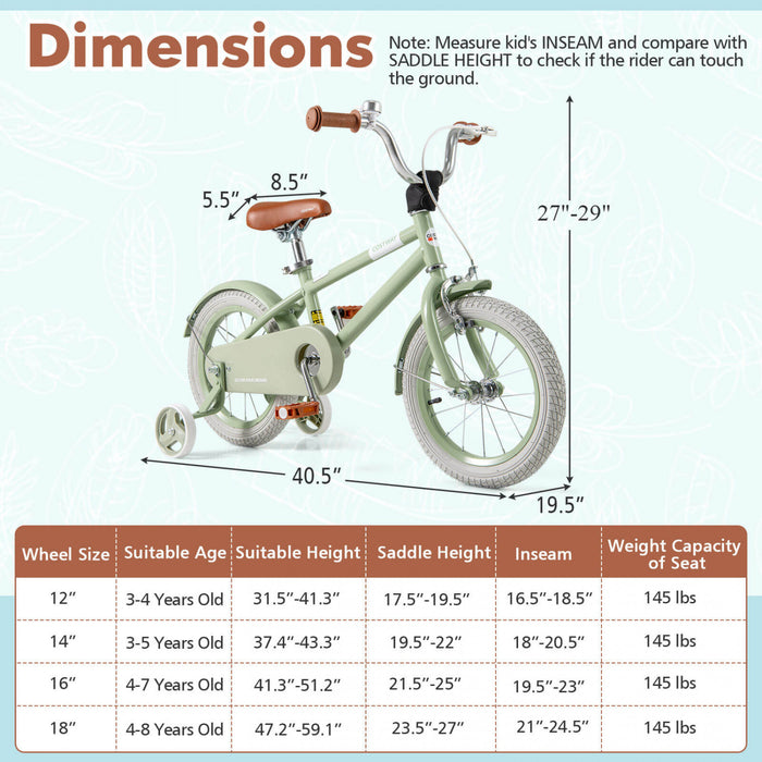 Costway 14\" Velo Pour Enfants Avec Guidon Reglable De Selle Roues D'entrainement Amovibles Frein A Main Vert