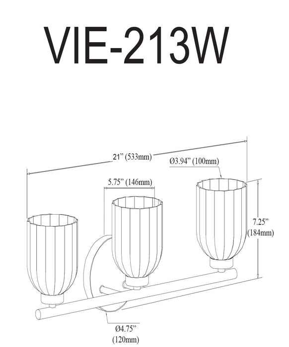 Lumière de coiffeuse Vienna de Dainolite en verre côtelé transparent, avec fini chromé poli et 3 ampoules incandescentes