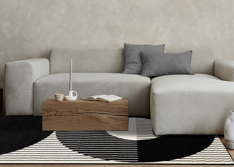 Florence rayures noires et blanches et cercles creux, design moderne, 2'7\" x 4'11\"