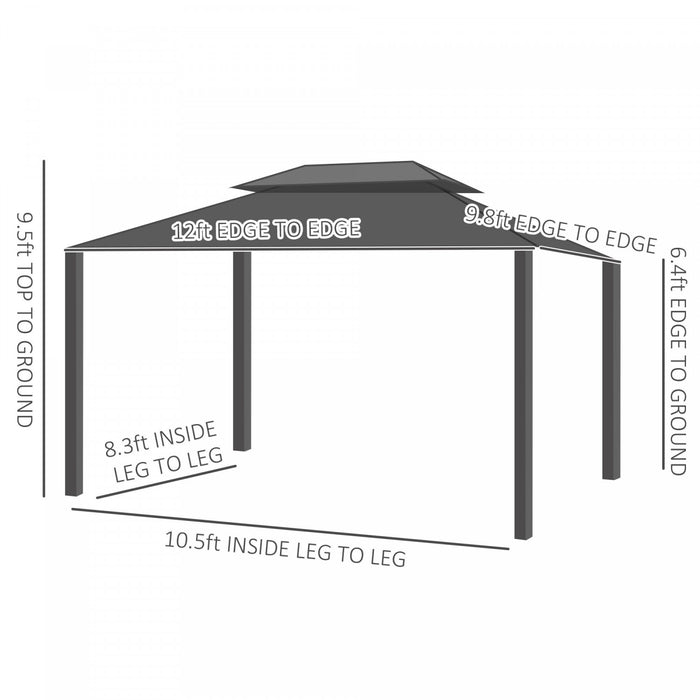 Outsunny 12' X 10' Tonnelle D'exterieur A Toit Rigide Avec Auvent En Acier Galvanise Et Parois Laterales En Filet Pour La Pelouse, Le Jardin, Gris Fonce
