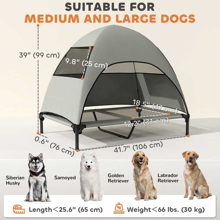 PawHut Lit sureleve pour chien d'exterieur avec auvent, lit pour animaux de compagnie avec maille lavable, cadre en acier, ideal pour camping et jardin, 106 x 76 x 99 cm, Gris clair
