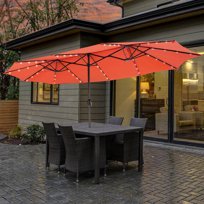 Costway Parasol double face jumeau 15FT pour patio avec 48 LED solaires a manivelle Orange