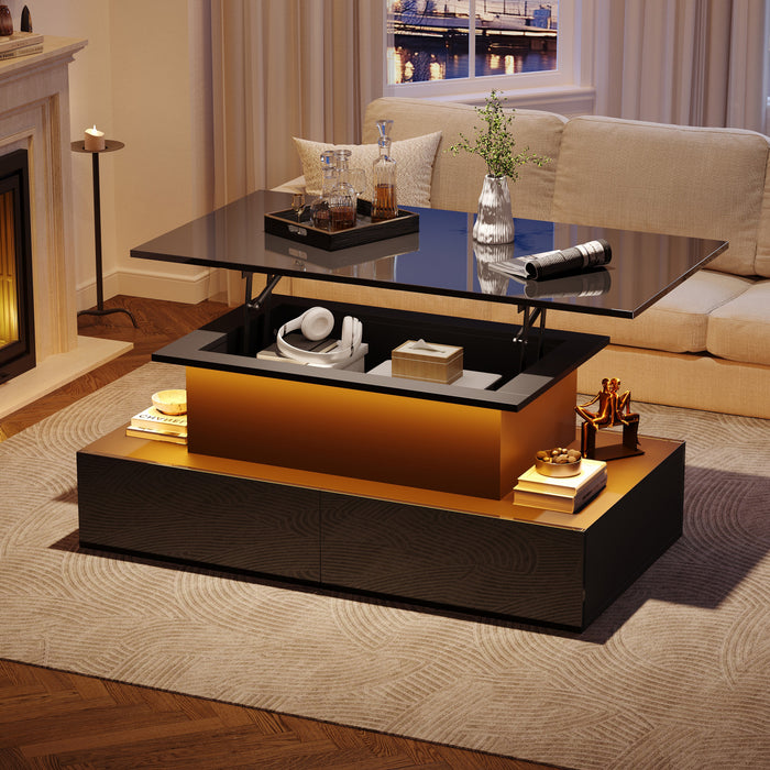 Ethan table basse relevable – table avec eclairage LED et tiroirs de rangement, noir