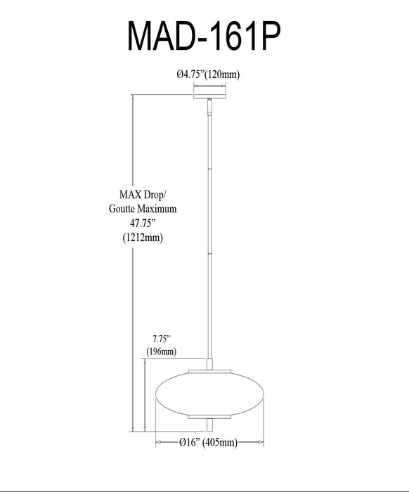 Luminaire suspendu Maddie de Dainolite en verre blanc opale, avec fini noir mat et ampoule à DEL de 20 W