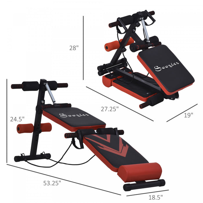 Soozier Banc De Musculation Pliable Appareil A Abdo Hauteur Reglable 2 Bandes De Resistances + Ressort Central Traction Acier Noir Rouge