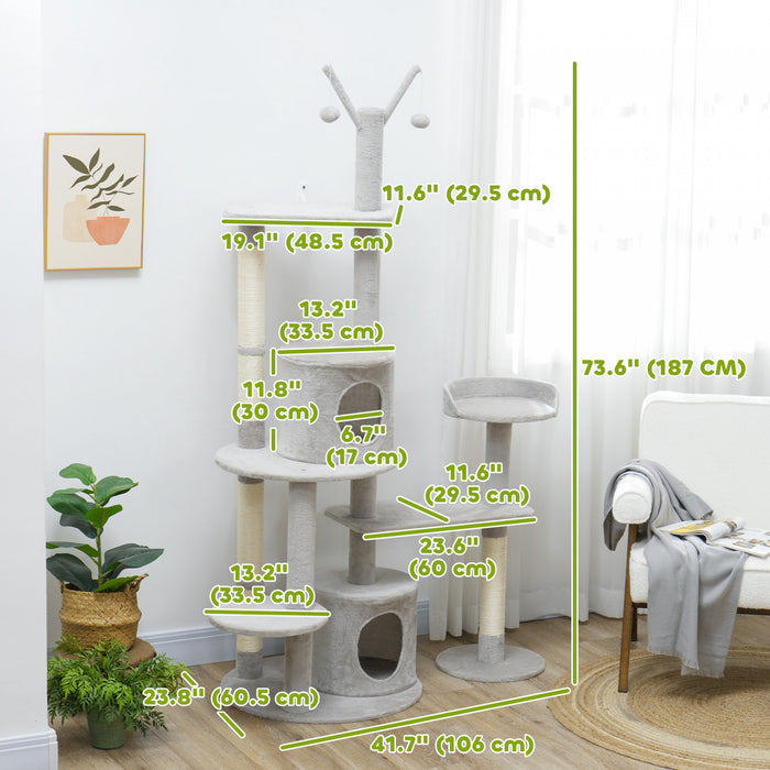 Pawhut Arbre A Chat 73.5\", Tour A Plusieurs Niveaux Pour Chats D'interieur Avec Griffoirs, Condos Pour Chats, Lit, Plates-formes, Balles Jouets, Gris Clair
