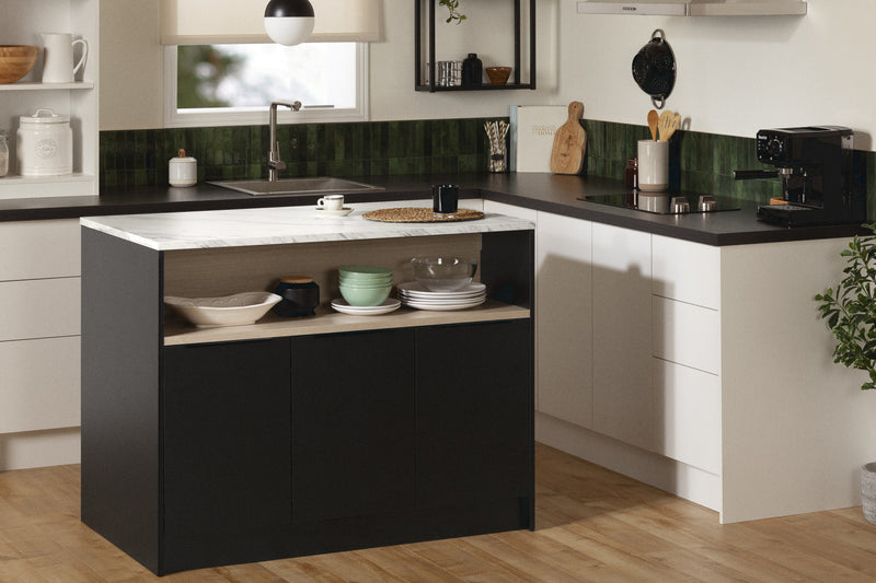 Olio Ilot De Cuisine Avec Rangement Ouvert - Noir Mat Et Faux Marbre Blanc