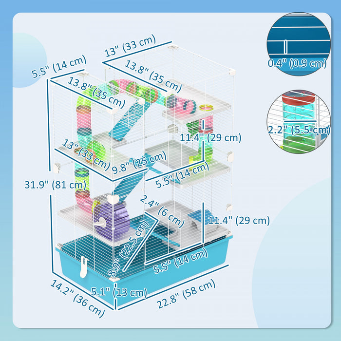 Pawhut Cage Pour Hamster De 32\", Cage Pour Petits Animaux A 6 Etages Avec Tunnels Et Tubes, Cage Pour Gerbilles Avec Hutte, Roue, Mangeoire, Bouteille D'eau, Rampes, Bleu Clair
