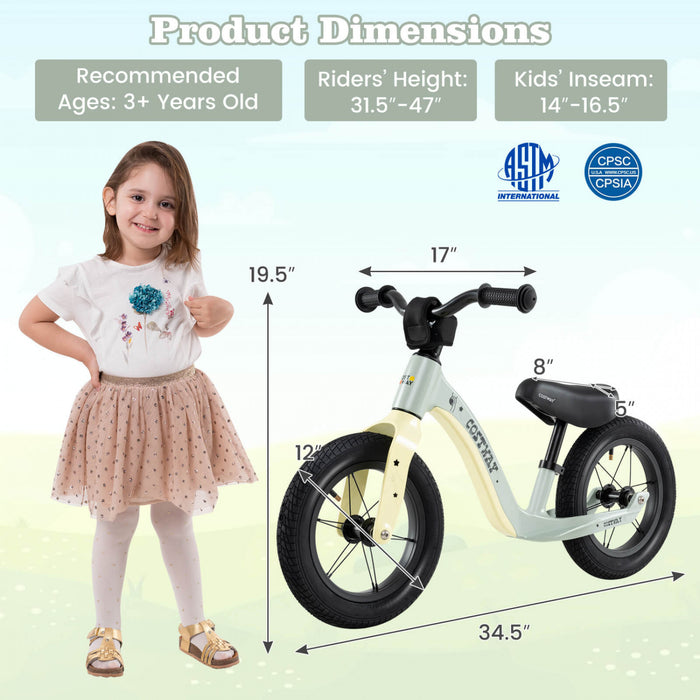 Costway 12 Pouces Magnesium Tout-petit Equilibre Velo Sans Pedale Formation Tout-petit Equilibre Velo Vert
