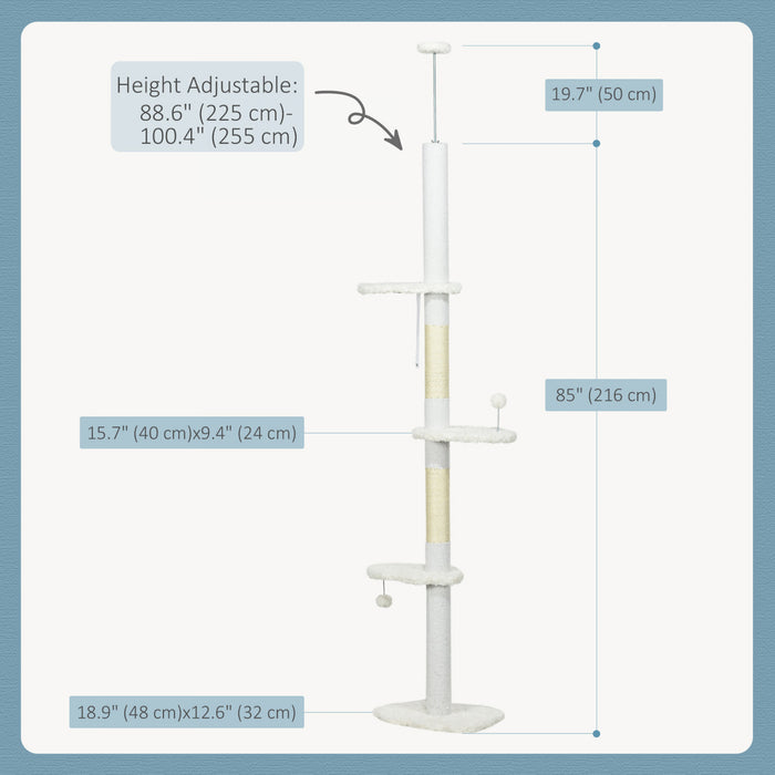 Arbre A Chat Pawhut Du Sol Au Plafond Avec Griffoirs, Tour Pour Chat Reglable En Hauteur De 225 A 255 Cm Avec Plateformes En Forme De Nuage, Balles Suspendues, Blanc