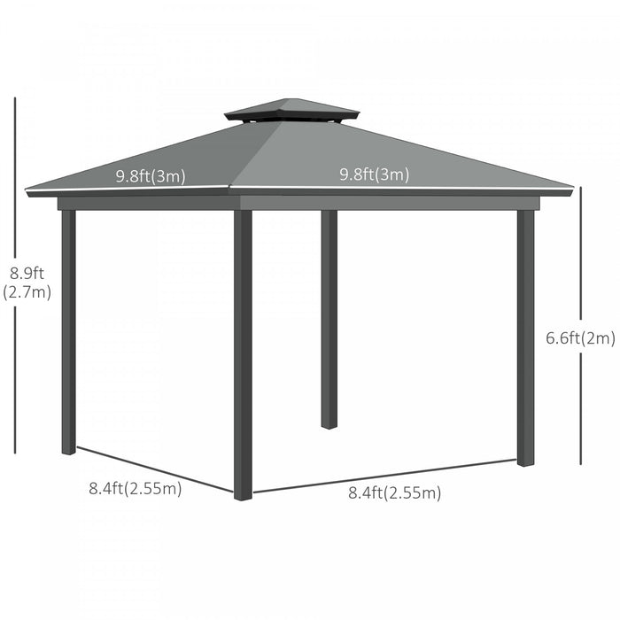 Outsunny 10' X 10' Tonnelle Acier Hardtop Gazebo Jardin Abri Soleil Avec Moustiquaire Et Rideaux Crochet De Suspension Cadre En Aluminium Noir