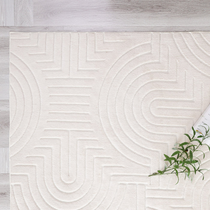 Tapis Lavable A Poils Longs En Velours Creme A Motifs Circulaires 8'x10'
