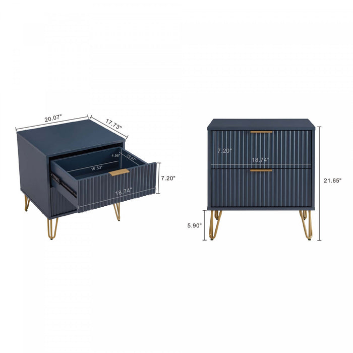 Table de nuit moderne Dumbo 20\" a cannelures, bleu minuit (2 tiroirs)