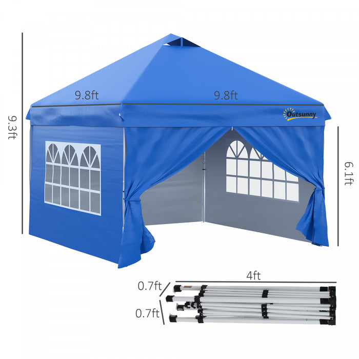 Outsunny Tonnelle Barnum Tente D'auvent Pop Up 10' X 10', Tente D'abri Instantanee Avec Parois Laterales, Fenetres, Sac A Roulettes Pour Jardin, Terrasse, Bleu