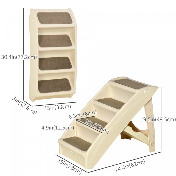 Pawhut Escalier Portable A 4 Niveaux Pour Animaux, Rampe Pliable Pour Chiens, Escaliers Pour Chats, Avec Tapis Antiderapant Lavable Et Amovible, Pour Lit Haut, Canape, Jusqu'a 44 Lbs, Beige.
