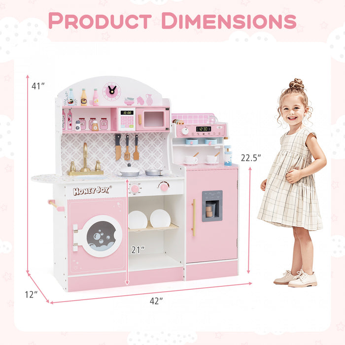 Honeyjoy Jeu De Cuisine Pour Enfants Jeu De Cuisine En Bois Avec Horloge, Micro-ondes, Evier, Plateau Rose