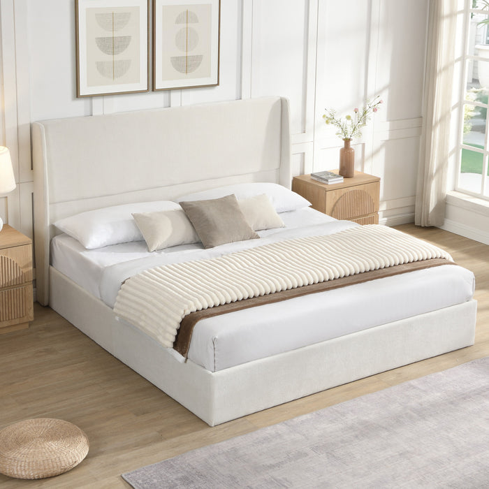 Liam Lit plateforme rembourre avec tete de lit a ailes, taille King, beige