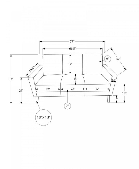 Sofa Rembourre, 77\"L, Tissu Marron Clair, Pieds En Bois Massif, Contemporain, Moderne