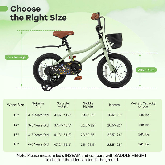Costway 14\" Velo Pour Enfants Avec Roues D'entrainement Guidon Reglable Et Frein A Main Du Siege Vert