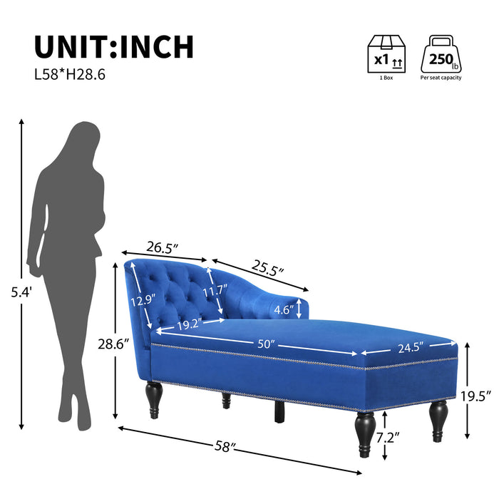 Serena Chaise Longue en Velours a Capitonnage Boutonne et Clous Decoratifs, Bleu