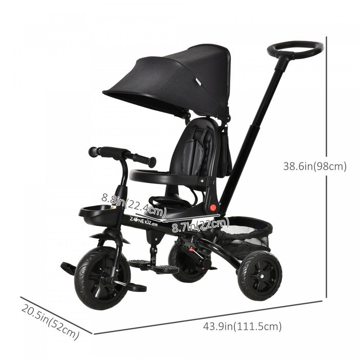 Qaba Tricycle Enfants Evolutif 4 En 1 Canne Telescopique Amovible Et Pare-soleil Pliable Demontable Angle Du Dossier Reglable Siege Pivotant Sac Et Paniers Integres Metal 44\" X 20.5\" X 38.5\" Noir