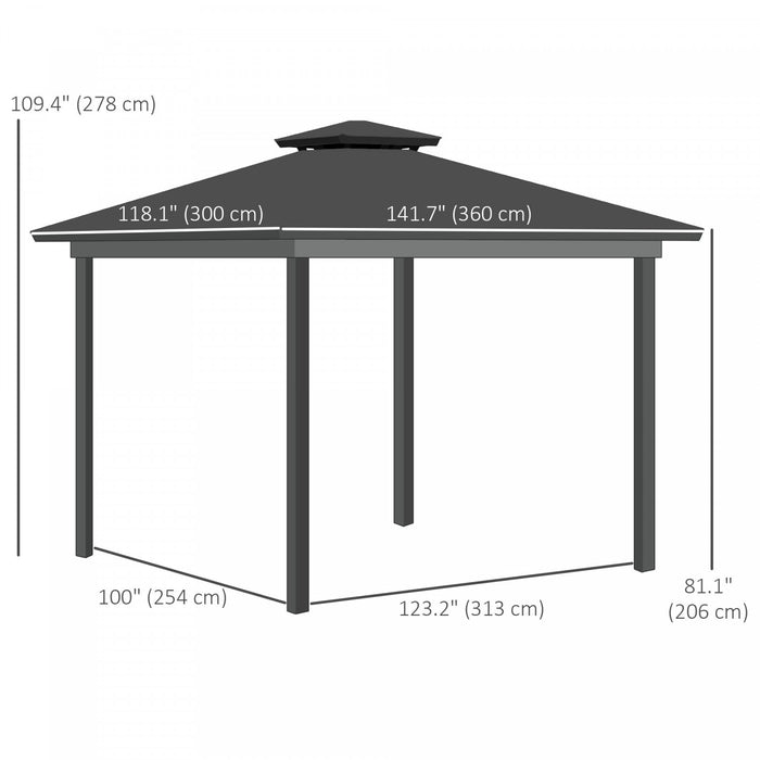 Outsunny 10' X 12' Gazebo Exterieur, Gazebo A Double Toit Rigide Avec Toit En Polycarbonate, Cadre En Acier, Filets Et Rideaux, Pour Le Jardin, La Pelouse, L'arriere-cour Et La Terrasse, Gris Clair