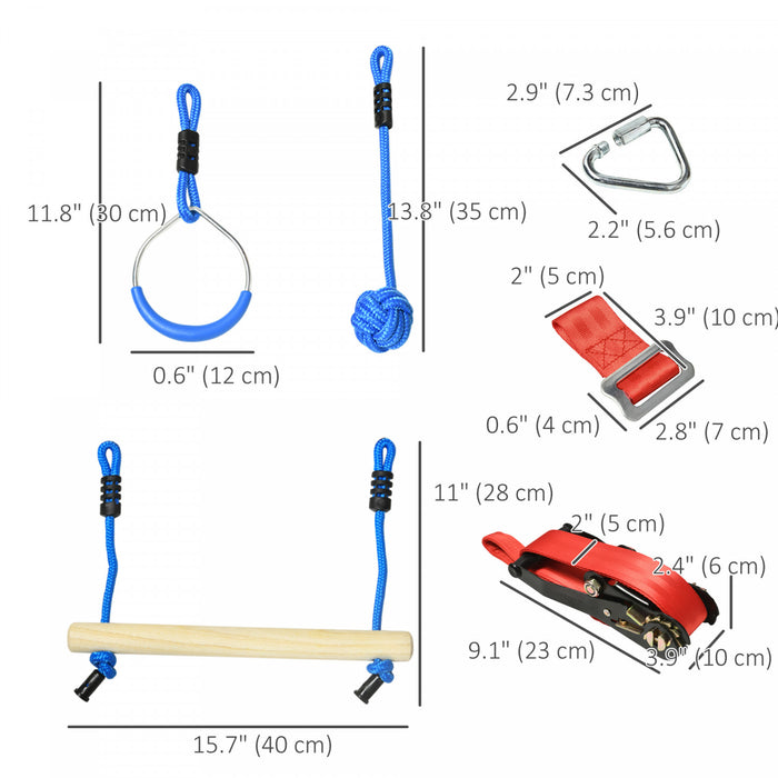 Outsunny Ensemble Ninja Slackline, 30 Pieces, Corde de 10m avec Obstacles, Structure d'Escalade Exterieure, Equipement d'Entrainement pour Enfants de 3 a 6 Ans, Anneaux de Gymnastique, Cordes