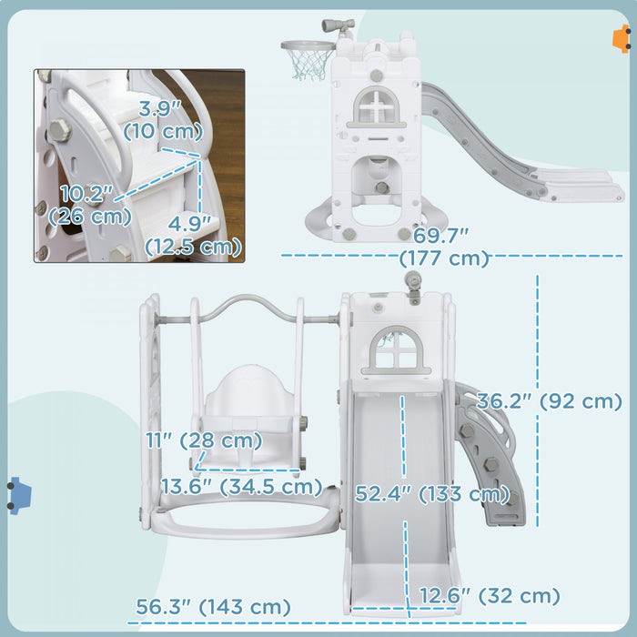 Qaba Ensemble Toboggan Et Balancoire 6 En 1 Avec Panier De Basket, Grimpeur, Balancoire Pour Bebe, Aire De Jeux Interieure Avec Espace De Rangement, Pour Les 1 A 3 Ans, Gris