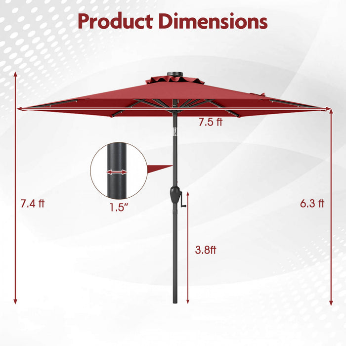 Parasol solaire Costway 7,5 ft avec lumieres LED, inclinaison par bouton-poussoir, manivelle, rouge