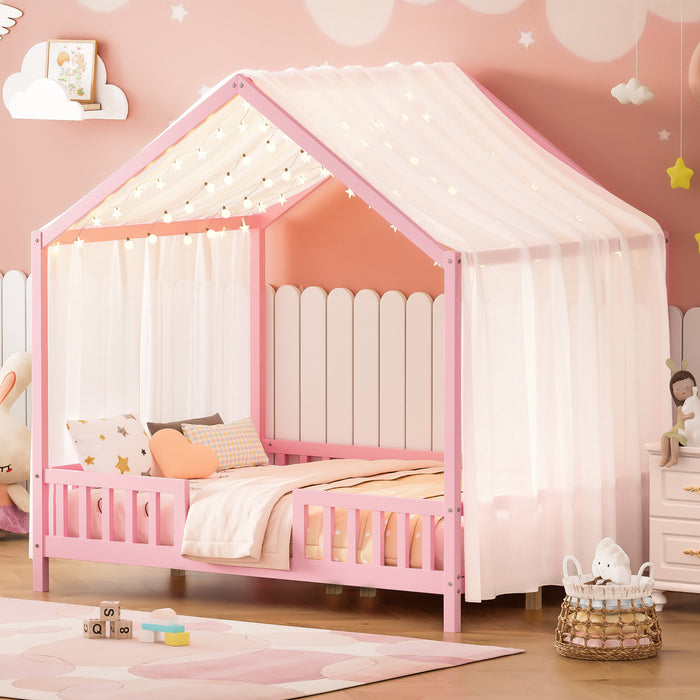 Paul Lit Montessori au sol avec baldaquin et barrieres hautes, Taille Double, Rose
